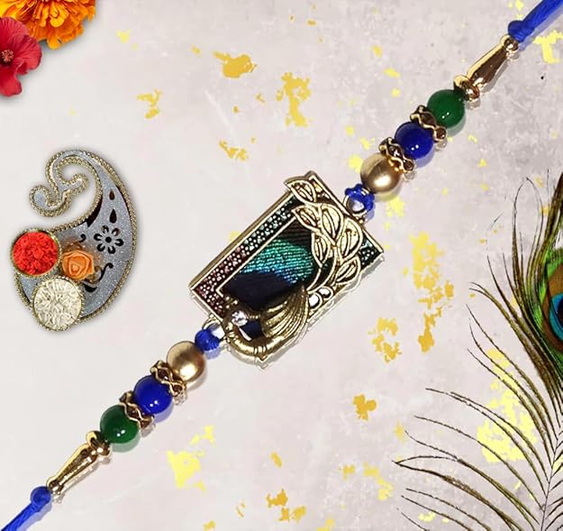 Premium Peacock Designer Rakhi with Green & Blue Beads for Brother | Elegant Mayur Rakhi By Upharkaro