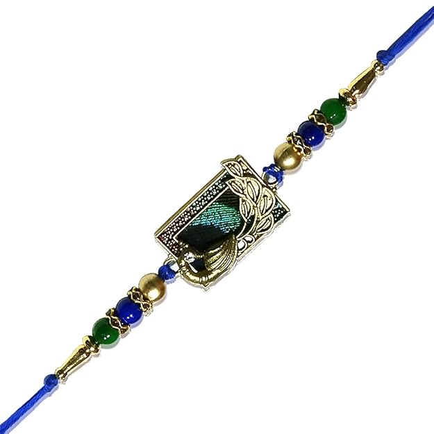 Premium Peacock Designer Rakhi with Green & Blue Beads for Brother | Elegant Mayur Rakhi By Upharkaro