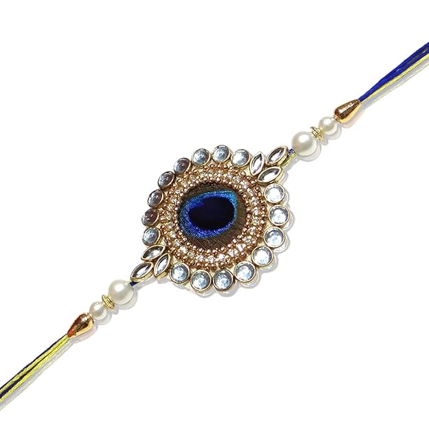 Premium Peacock Feather Designer Rakhi with Kundan & Pearl Beads for Brother | Royal Morpankh Rakhi By Upharkaro