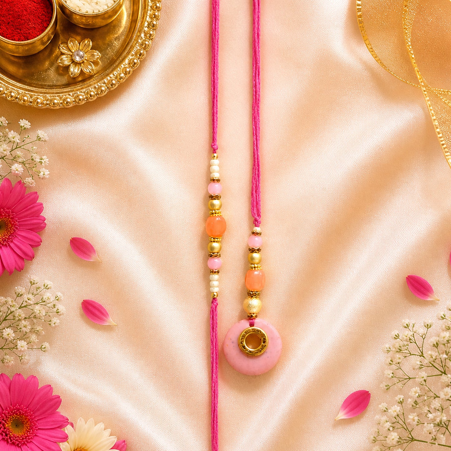 Elegant Bhaiya Bhabhi Lumba Rakhi Set with Pearl Beads | Designer Couple Rakhi for Raksha Bandhan (Pink)