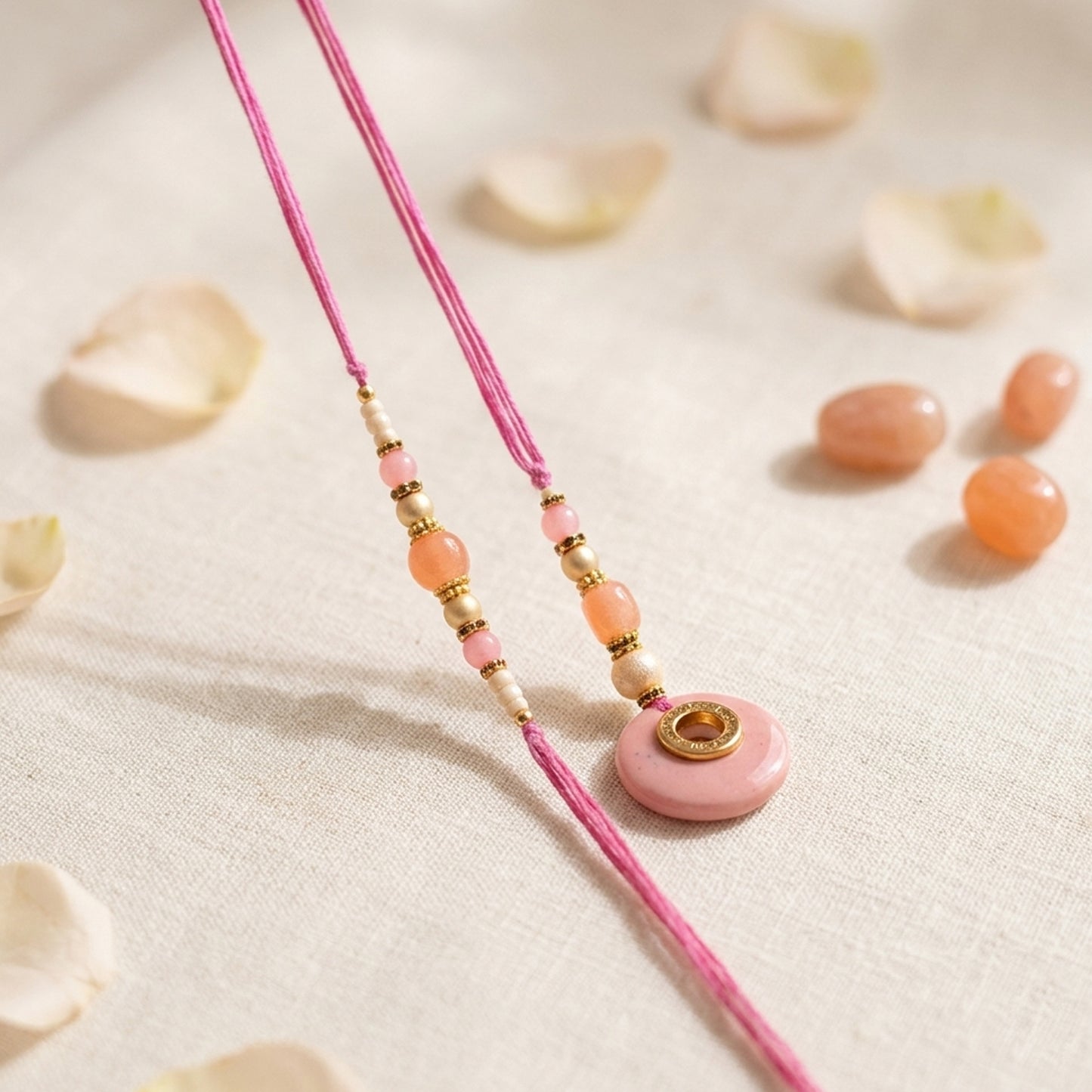 Elegant Bhaiya Bhabhi Lumba Rakhi Set with Pearl Beads | Designer Couple Rakhi for Raksha Bandhan (Pink)