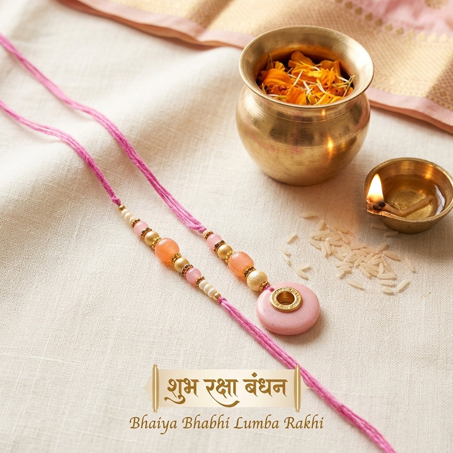 Elegant Bhaiya Bhabhi Lumba Rakhi Set with Pearl Beads | Designer Couple Rakhi for Raksha Bandhan (Pink)