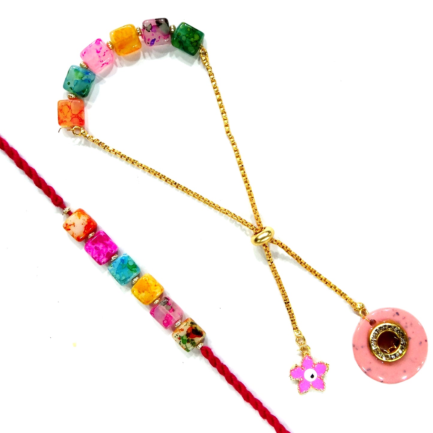 Rainbow Beads Designer Bhaiya-Bhabhi Lumba Rakhi Set with Unicorn Charm & Adjustable Bracelet Style (Pink) By Uphakaro