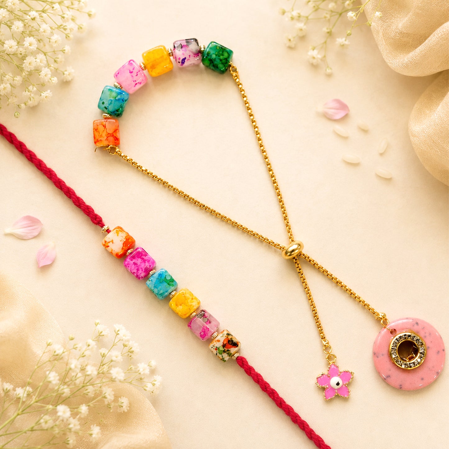 Rainbow Beads Designer Bhaiya-Bhabhi Lumba Rakhi Set with Unicorn Charm & Adjustable Bracelet Style (Pink) By Uphakaro