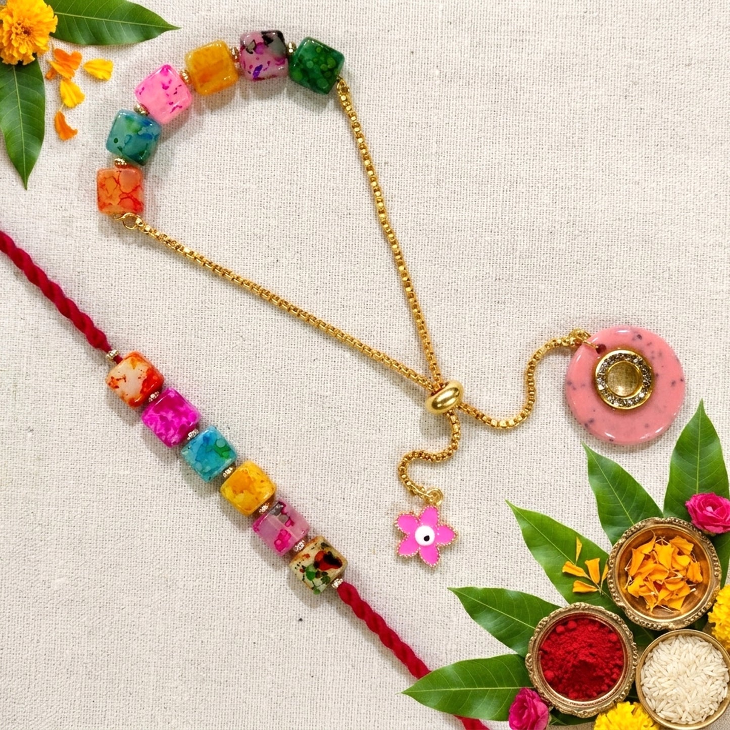 Rainbow Beads Designer Bhaiya-Bhabhi Lumba Rakhi Set with Unicorn Charm & Adjustable Bracelet Style (Pink) By Uphakaro