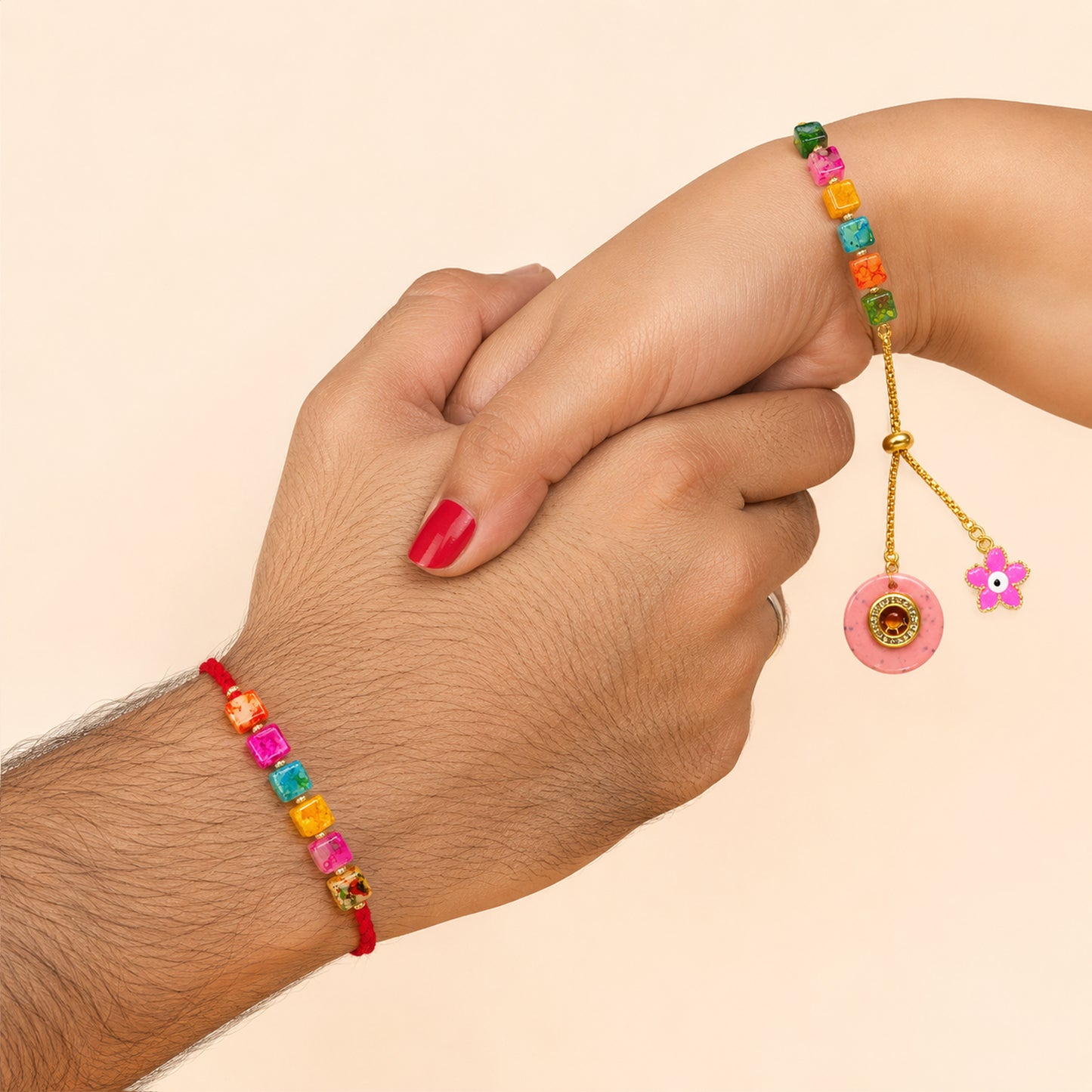 Rainbow Beads Designer Bhaiya-Bhabhi Lumba Rakhi Set with Unicorn Charm & Adjustable Bracelet Style (Pink) By Uphakaro
