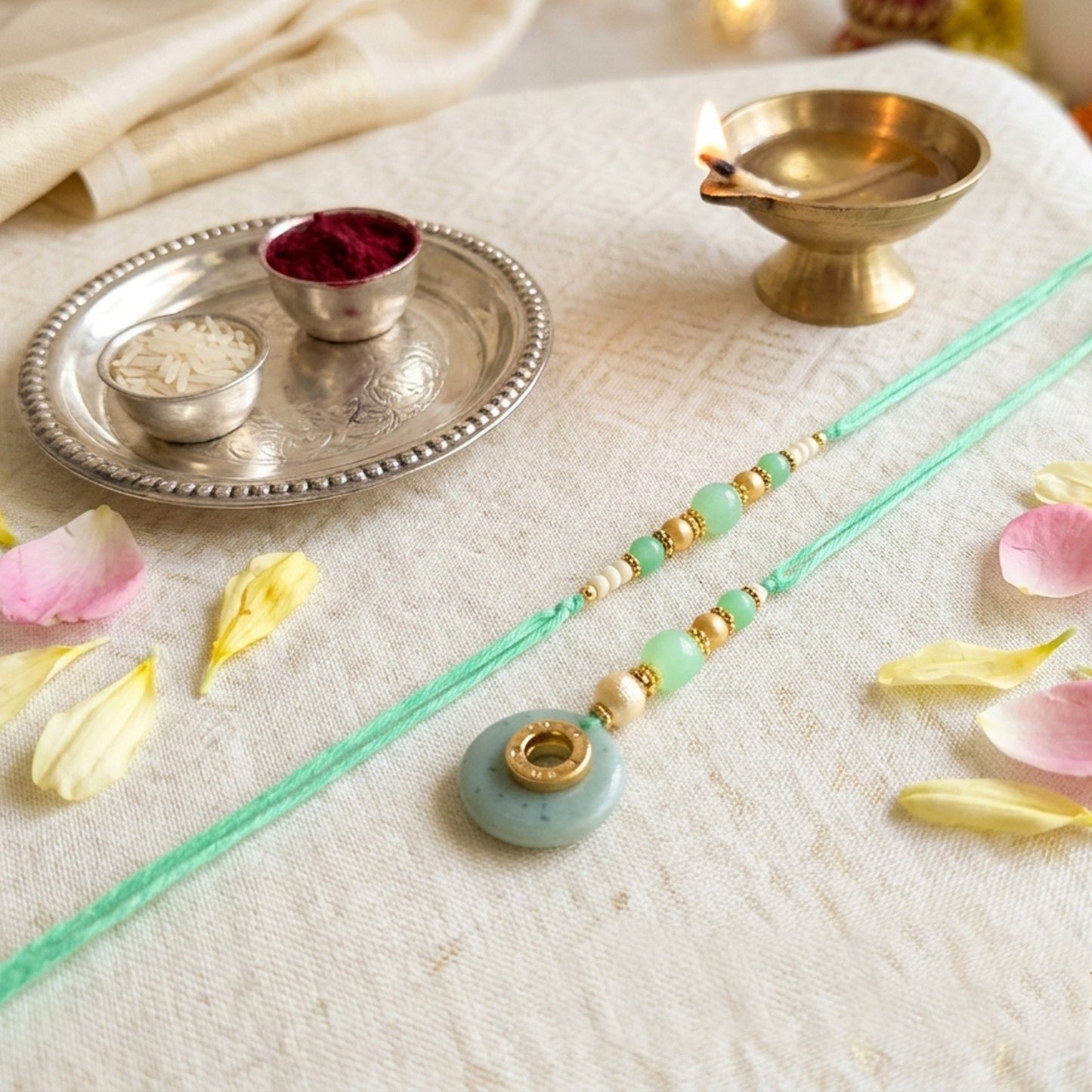 Elegant Bhaiya Bhabhi Lumba Rakhi Set with Pearl Beads | Designer Couple Rakhi for Raksha Bandhan (Mint Green)