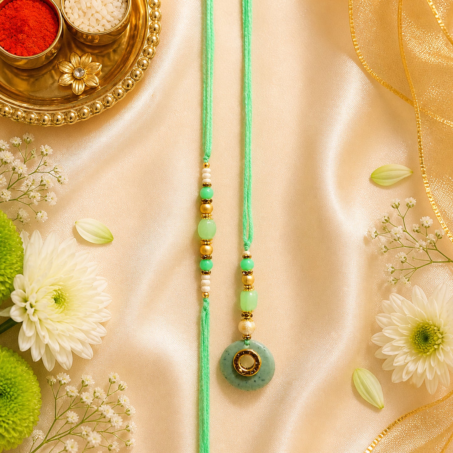 Elegant Bhaiya Bhabhi Lumba Rakhi Set with Pearl Beads | Designer Couple Rakhi for Raksha Bandhan (Mint Green)