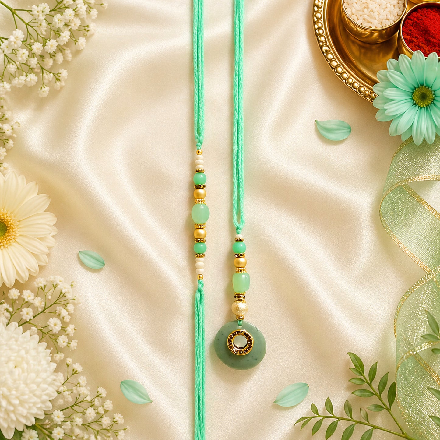 Elegant Bhaiya Bhabhi Lumba Rakhi Set with Pearl Beads | Designer Couple Rakhi for Raksha Bandhan (Mint Green)