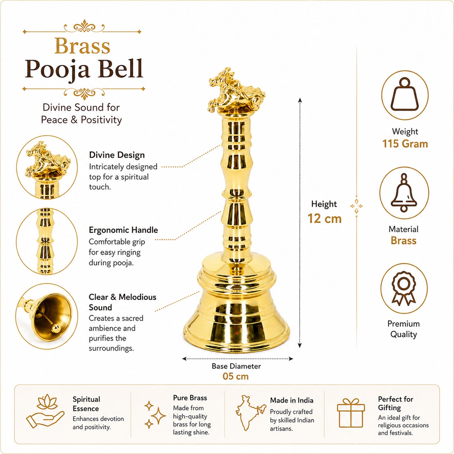 Premium Brass Pooja Ghanti with Nandi Handle, 12 cm Height | Temple Ghanti for Home Mandir, Office, Daily Pooja & Religious Ceremonies | Temple Ghanti, Home Mandir Use, Office Use, Daily Pooja, Religious Ceremonies