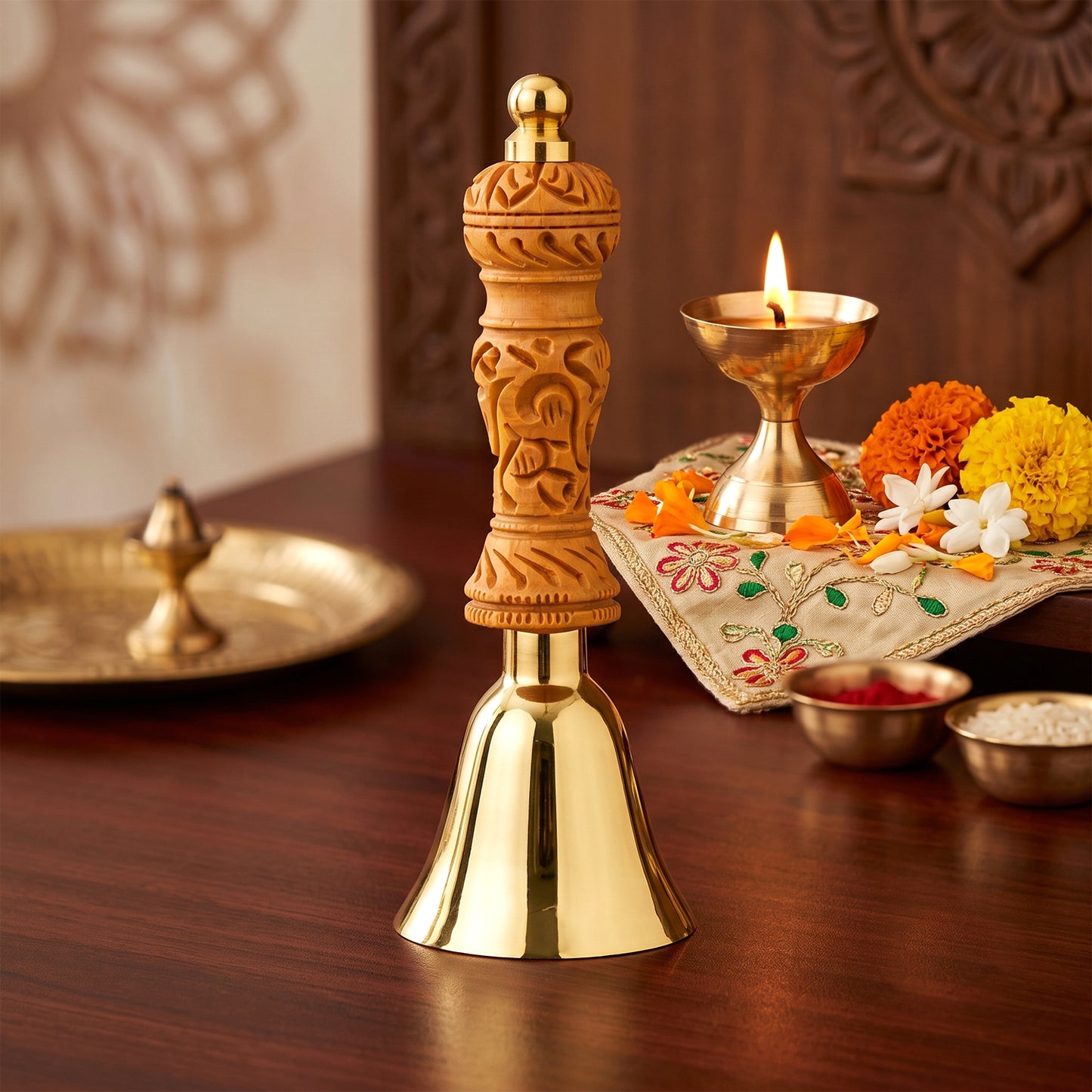 Premium 14 cm Brass Pooja/Ghanti Bell with Decorative Wooden Handle | Brass Temple Ghanti for Home Mandir, Office, Aarti, Meditation & Religious Rituals