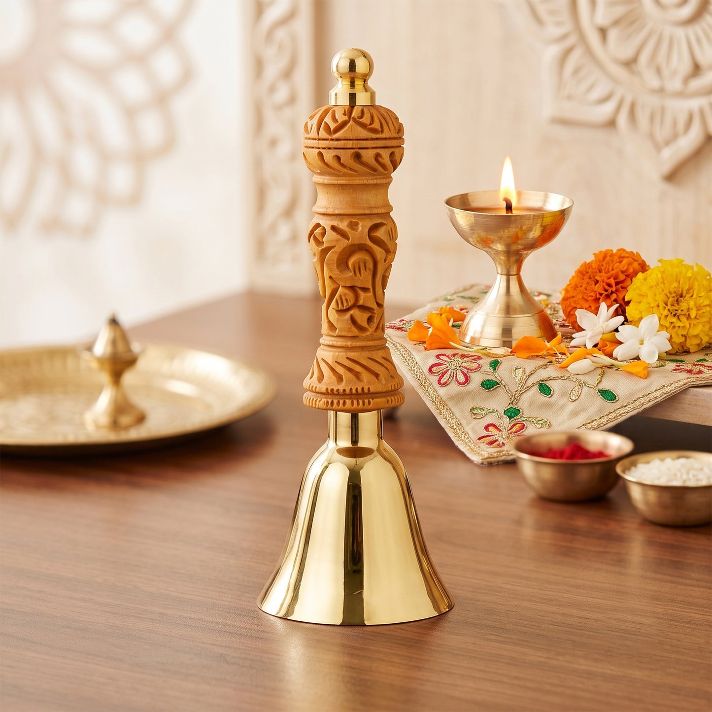 Premium 14 cm Brass Pooja/Ghanti Bell with Decorative Wooden Handle | Brass Temple Ghanti for Home Mandir, Office, Aarti, Meditation & Religious Rituals