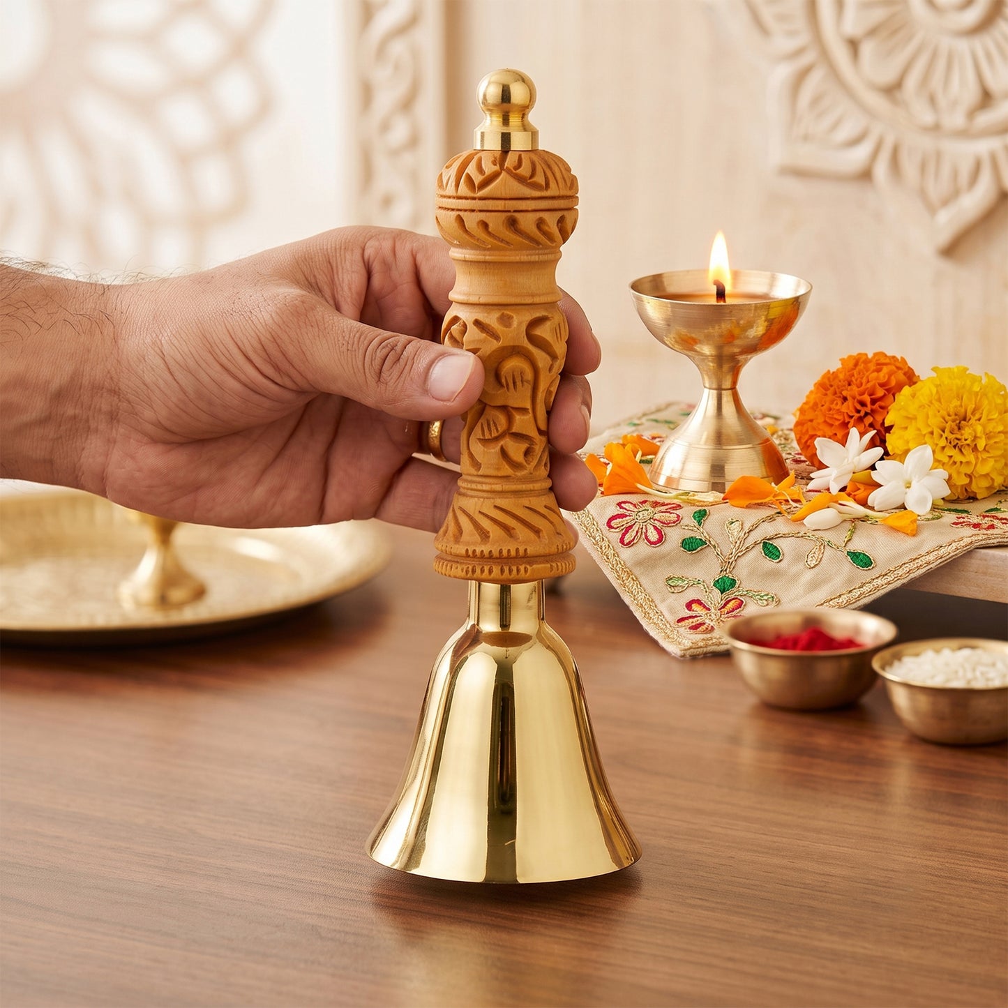 Premium 14 cm Brass Pooja/Ghanti Bell with Decorative Wooden Handle | Brass Temple Ghanti for Home Mandir, Office, Aarti, Meditation & Religious Rituals