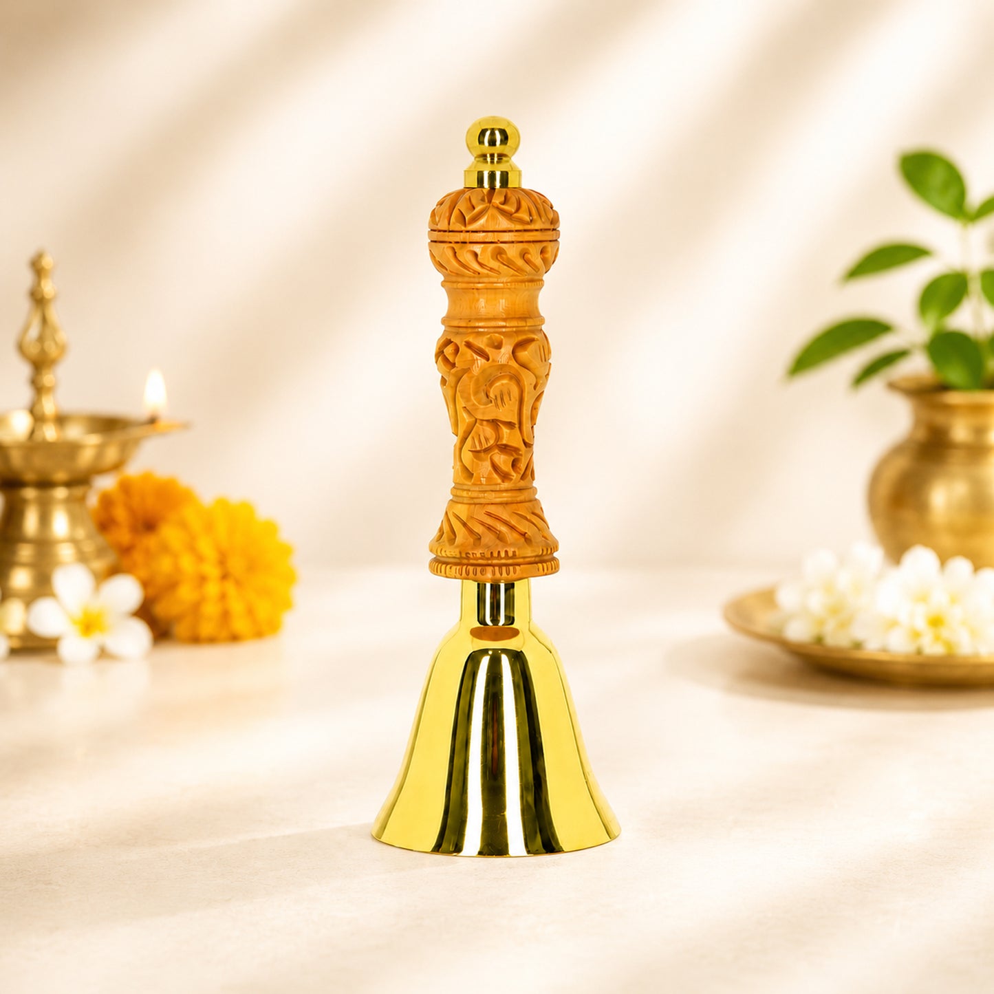 Premium 14 cm Brass Pooja/Ghanti Bell with Decorative Wooden Handle | Brass Temple Ghanti for Home Mandir, Office, Aarti, Meditation & Religious Rituals