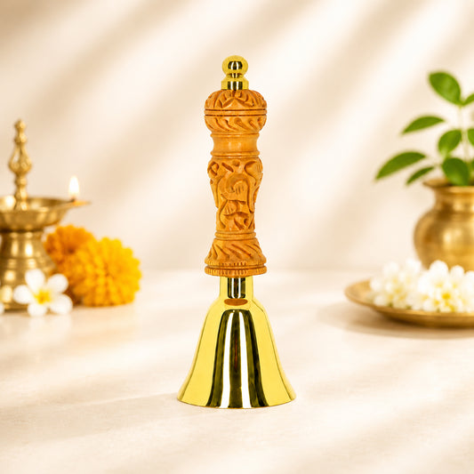 Premium 14 cm Brass Pooja/Ghanti Bell with Decorative Wooden Handle | Brass Temple Ghanti for Home Mandir, Office, Aarti, Meditation & Religious Rituals