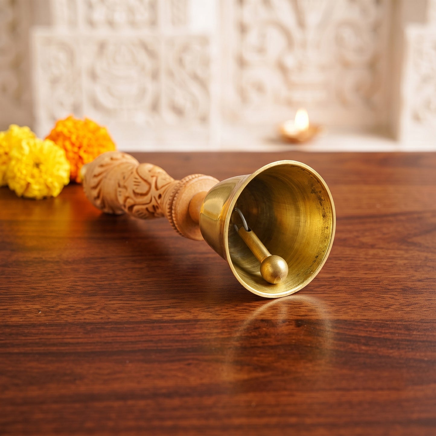 Premium 14 cm Brass Pooja/Ghanti Bell with Decorative Wooden Handle | Brass Temple Ghanti for Home Mandir, Office, Aarti, Meditation & Religious Rituals
