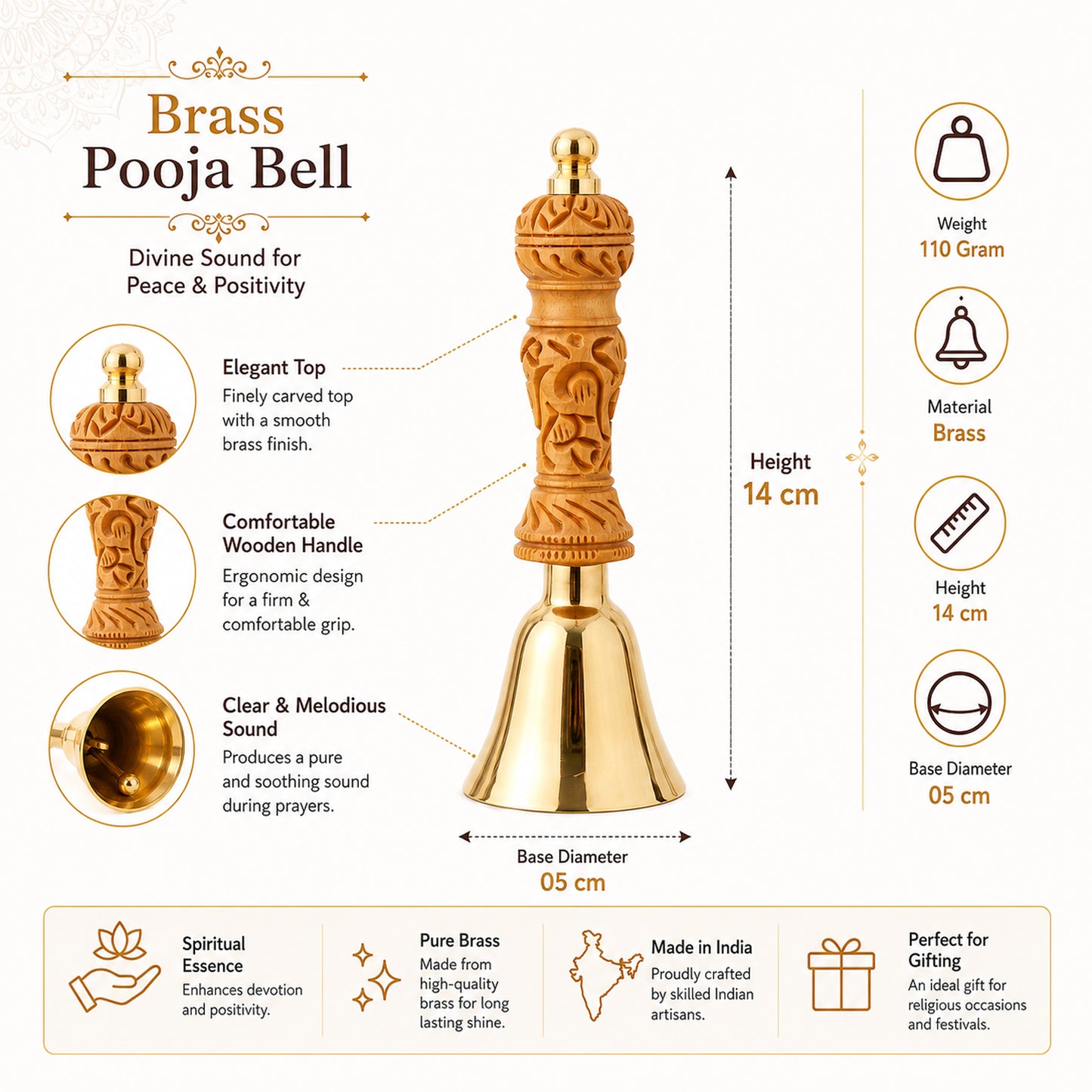 Premium 14 cm Brass Pooja/Ghanti Bell with Decorative Wooden Handle | Brass Temple Ghanti for Home Mandir, Office, Aarti, Meditation & Religious Rituals