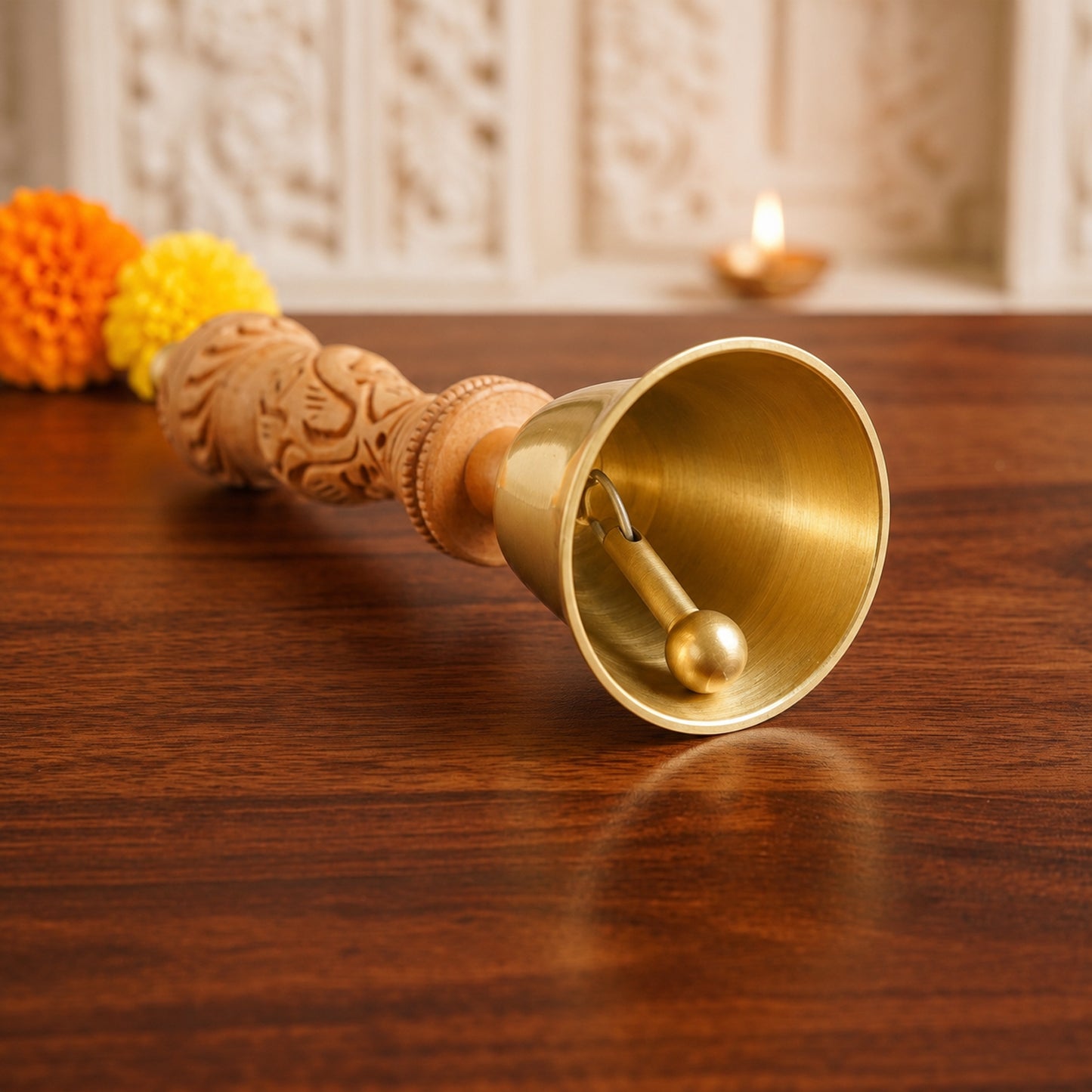 Premium 14 cm Brass Pooja/Ghanti Bell with Decorative Wooden Handle | Brass Temple Ghanti for Home Mandir, Office, Aarti, Meditation & Religious Rituals