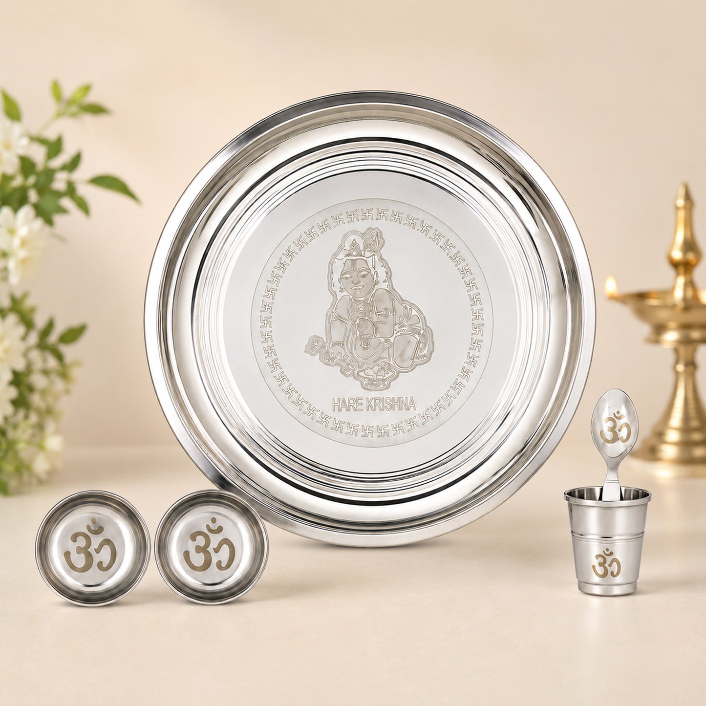 Premium Hare Krishna Engraved Stainless Steel Laddu Gopal Bhog Pooja Thali Set | 10 Inch Pooja Thali with Om Glass, Spoon & 2 Katoris for Daily Pooja, Janmashtami & Home Temple