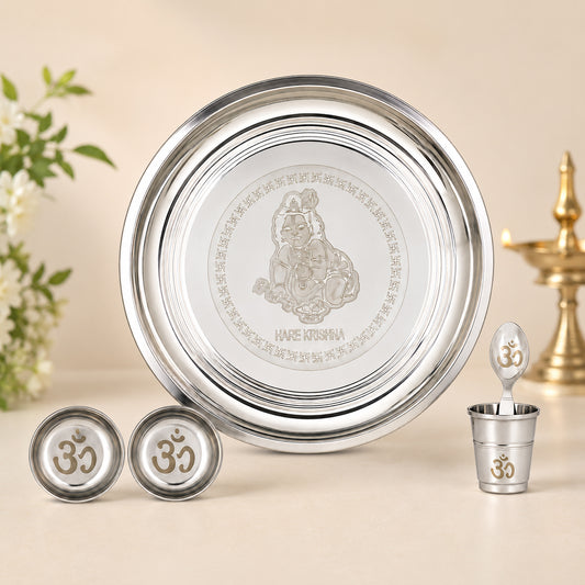 Premium Hare Krishna Engraved Stainless Steel Laddu Gopal Bhog Pooja Thali Set | 10 Inch Pooja Thali with Om Glass, Spoon & 2 Katoris for Daily Pooja, Janmashtami & Home Temple