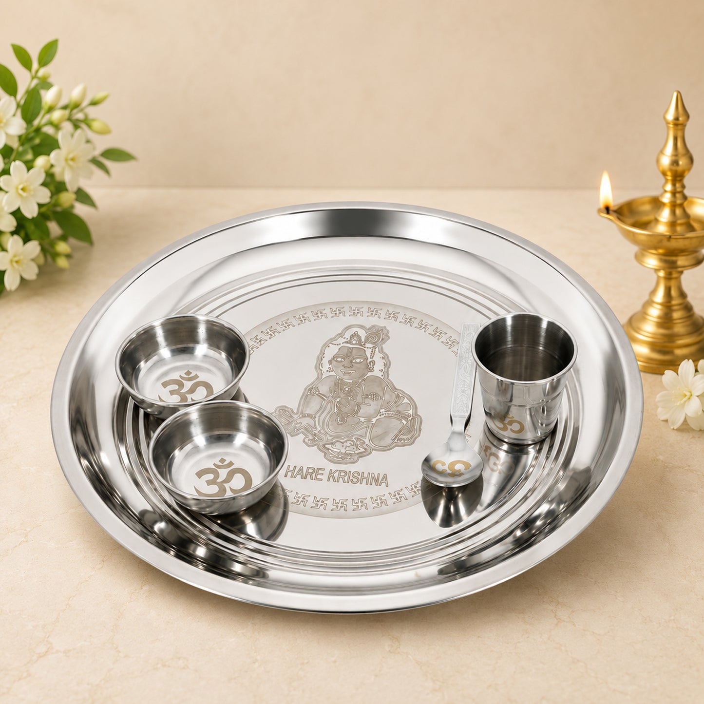 Premium Hare Krishna Engraved Stainless Steel Laddu Gopal Bhog Pooja Thali Set | 10 Inch Pooja Thali with Om Glass, Spoon & 2 Katoris for Daily Pooja, Janmashtami & Home Temple