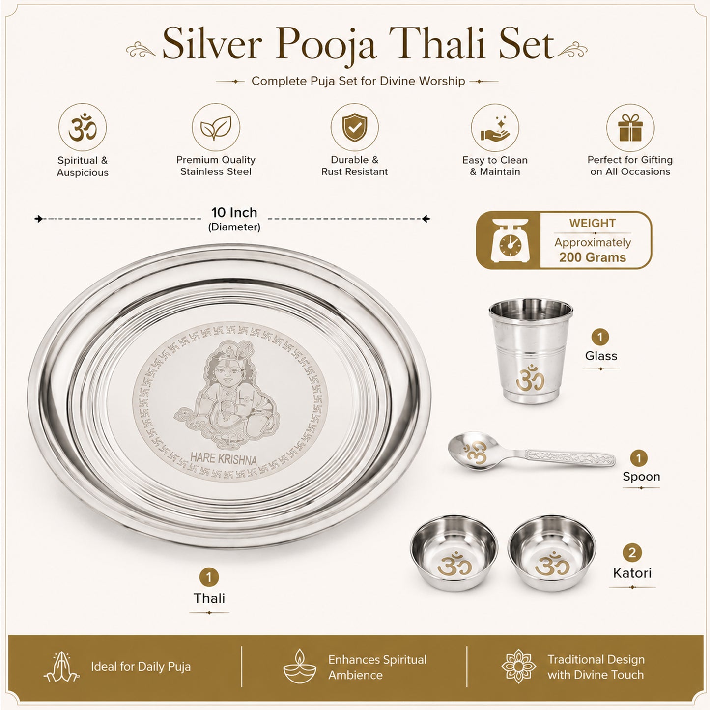 Premium Hare Krishna Engraved Stainless Steel Laddu Gopal Bhog Pooja Thali Set | 10 Inch Pooja Thali with Om Glass, Spoon & 2 Katoris for Daily Pooja, Janmashtami & Home Temple