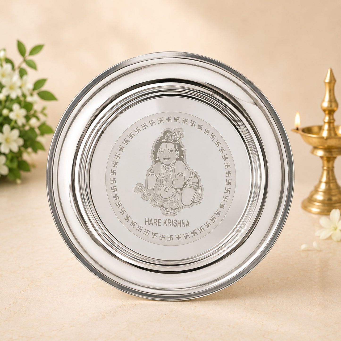 Premium Hare Krishna Engraved Stainless Steel Laddu Gopal Bhog Pooja Thali Set | 10 Inch Pooja Thali with Om Glass, Spoon & 2 Katoris for Daily Pooja, Janmashtami & Home Temple