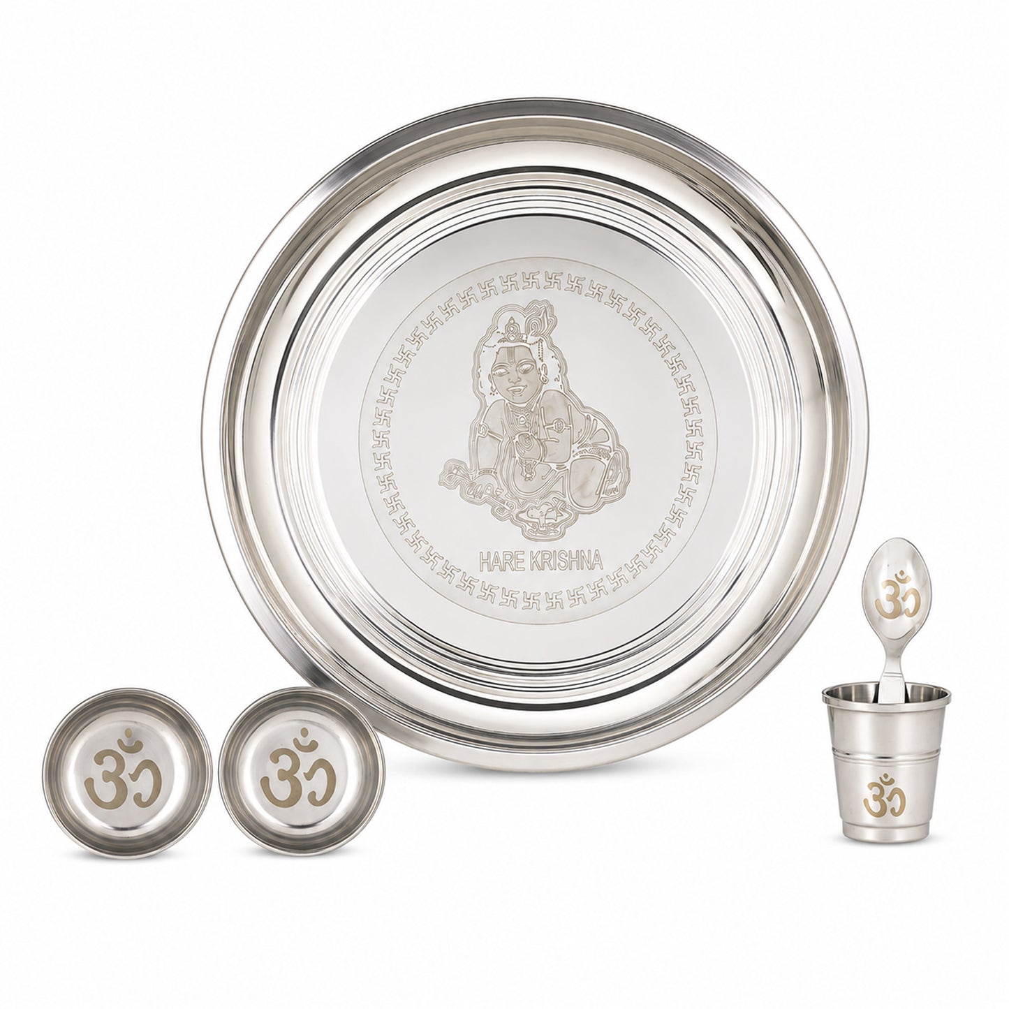 Premium Hare Krishna Engraved Stainless Steel Laddu Gopal Bhog Pooja Thali Set | 10 Inch Pooja Thali with Om Glass, Spoon & 2 Katoris for Daily Pooja, Janmashtami & Home Temple