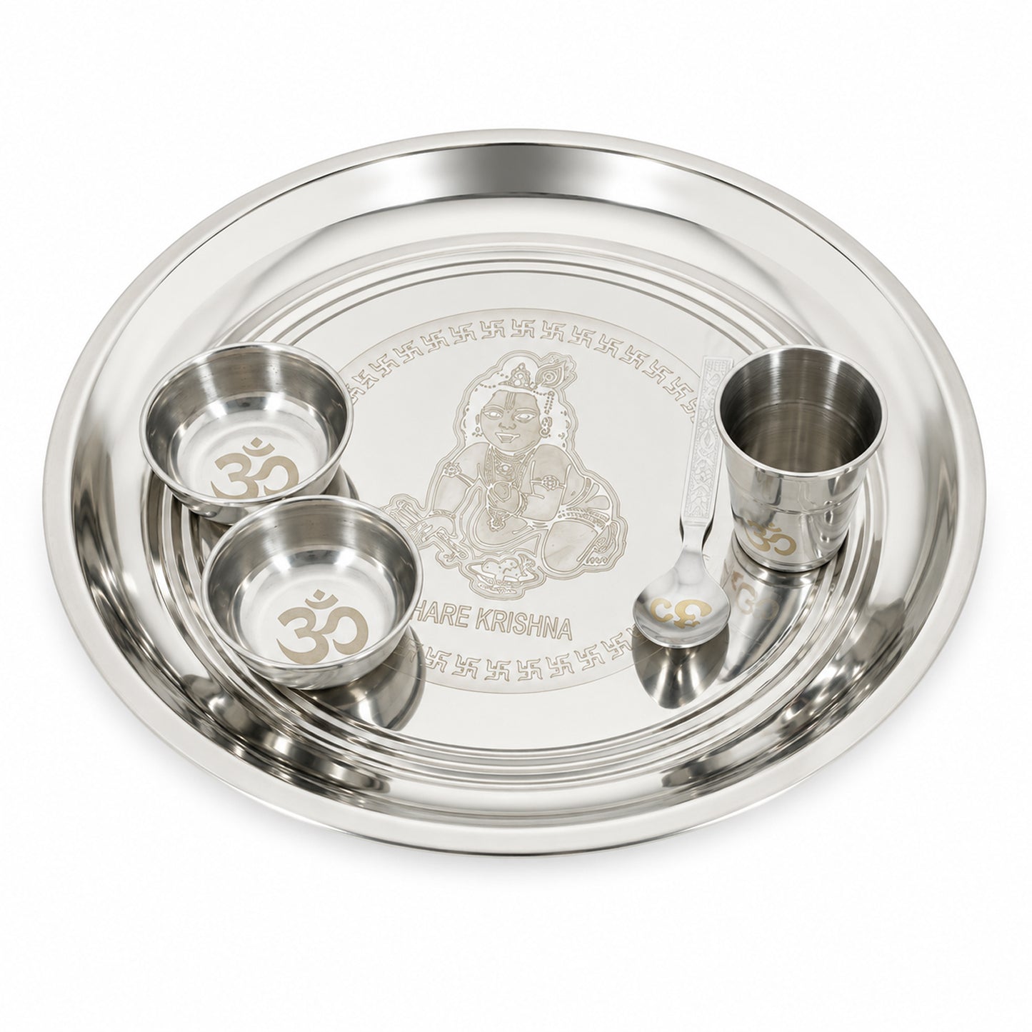 Premium Hare Krishna Engraved Stainless Steel Laddu Gopal Bhog Pooja Thali Set | 10 Inch Pooja Thali with Om Glass, Spoon & 2 Katoris for Daily Pooja, Janmashtami & Home Temple