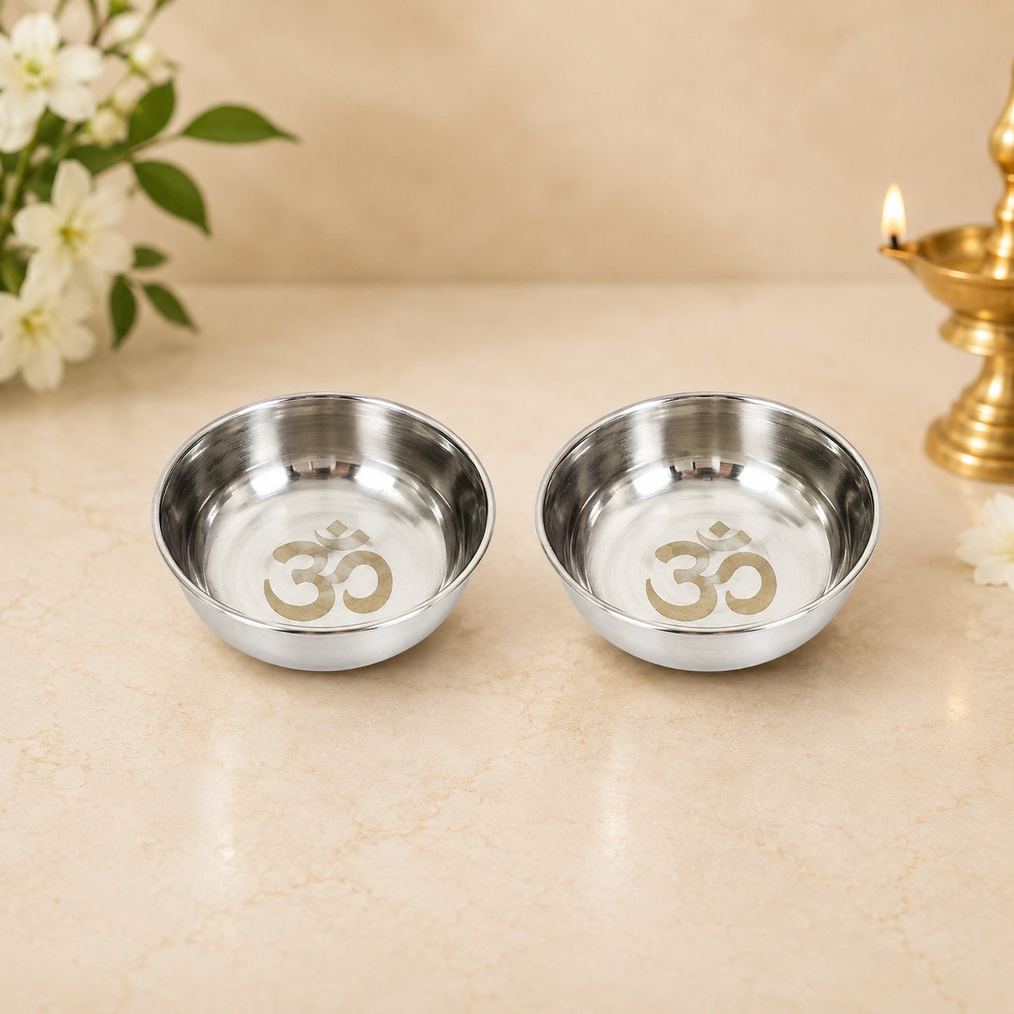 Premium Hare Krishna Engraved Stainless Steel Laddu Gopal Bhog Pooja Thali Set | 10 Inch Pooja Thali with Om Glass, Spoon & 2 Katoris for Daily Pooja, Janmashtami & Home Temple