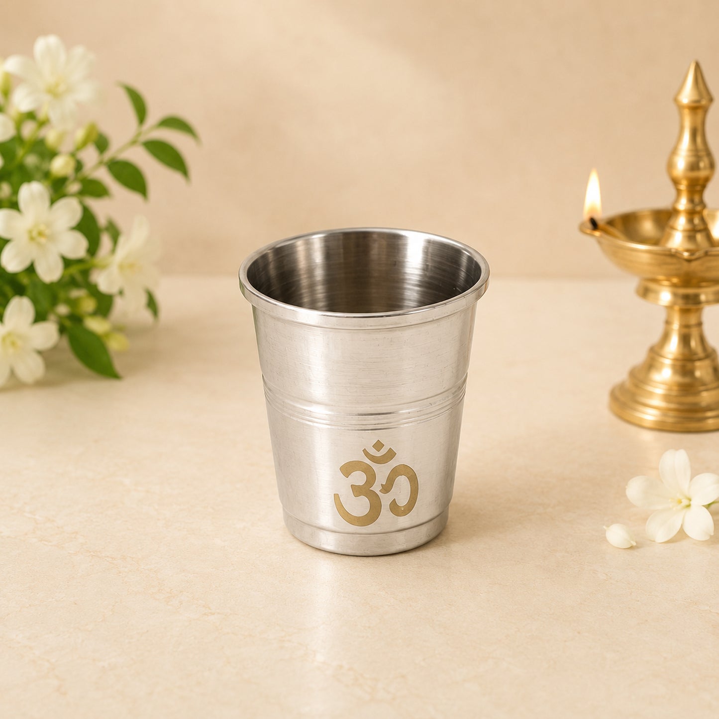Premium Hare Krishna Engraved Stainless Steel Laddu Gopal Bhog Pooja Thali Set | 10 Inch Pooja Thali with Om Glass, Spoon & 2 Katoris for Daily Pooja, Janmashtami & Home Temple