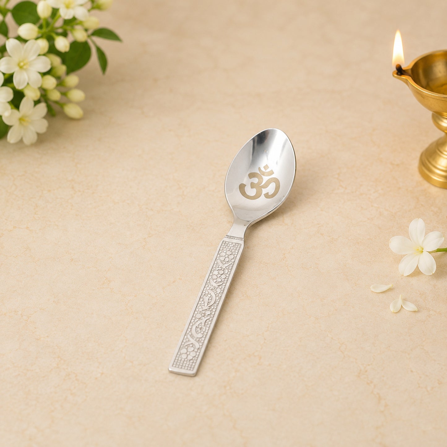 Premium Hare Krishna Engraved Stainless Steel Laddu Gopal Bhog Pooja Thali Set | 10 Inch Pooja Thali with Om Glass, Spoon & 2 Katoris for Daily Pooja, Janmashtami & Home Temple