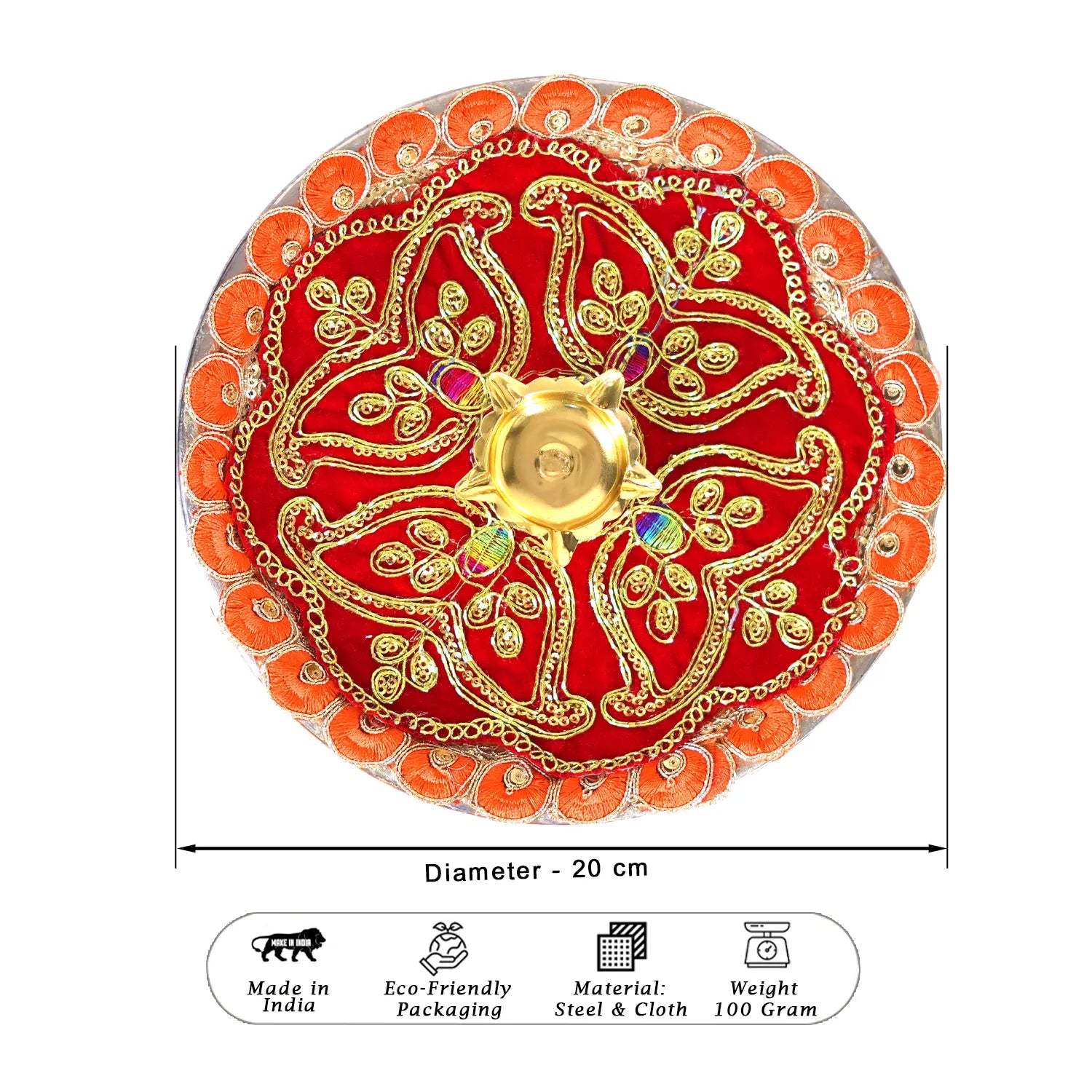 Decorative item with gold and red design, featuring measurements and product details.