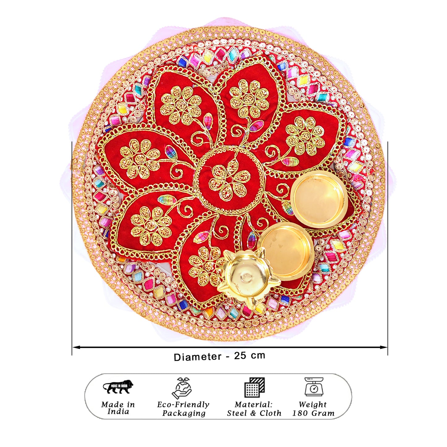Decorative plate with floral design, gold elements, and colorful beads on a white background.