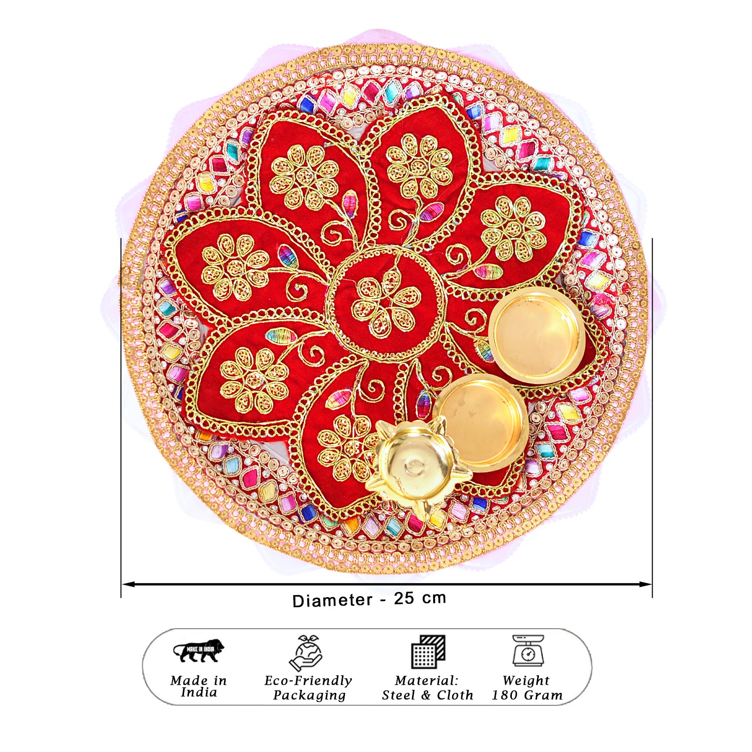 Decorative plate with floral design, gold elements, and colorful beads on a white background.