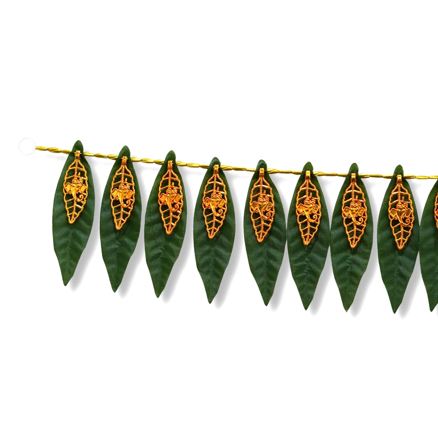 Decorative garland made of green leaves with orange patterns on a white background