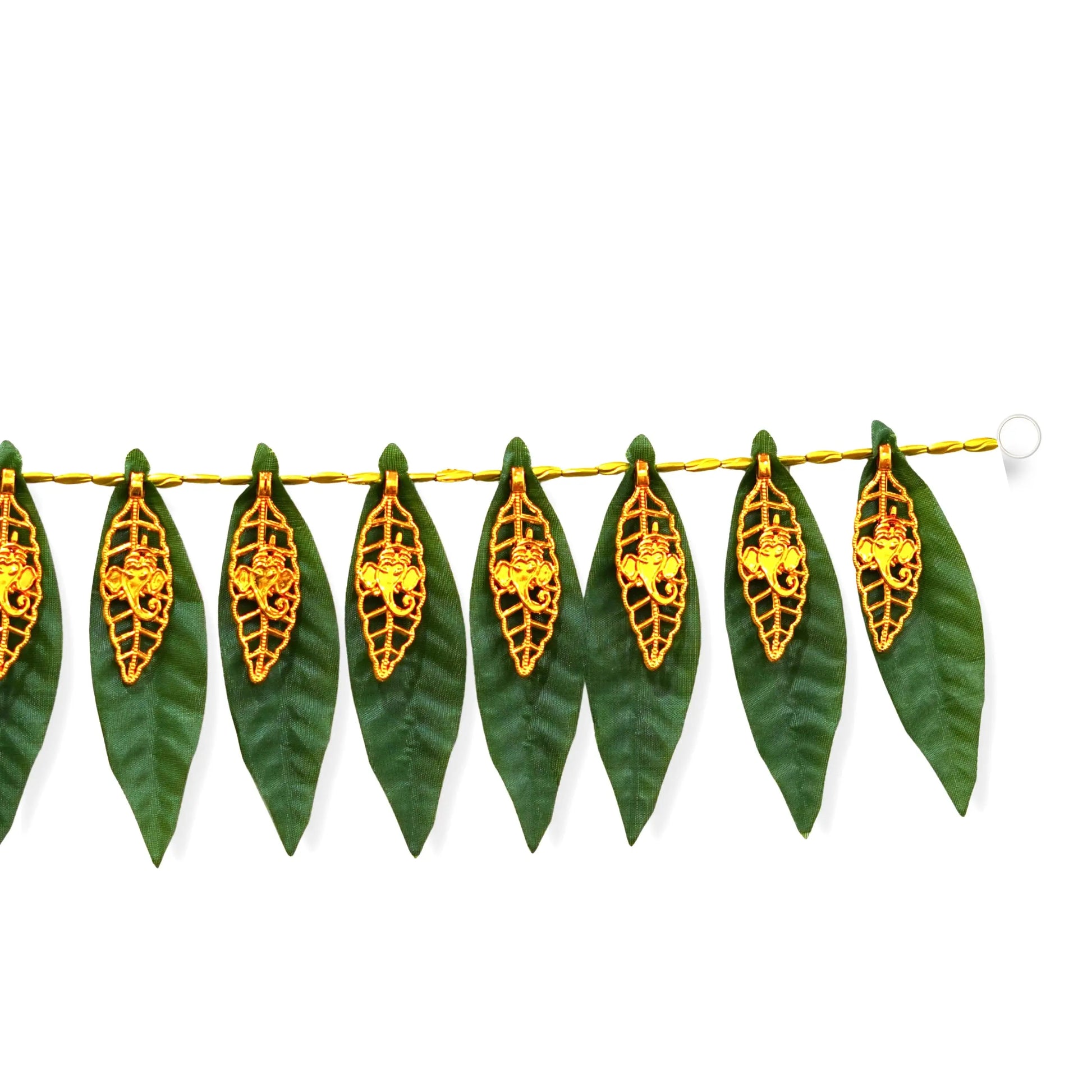 Decorative garland with green leaves and gold leaf patterns on a white background