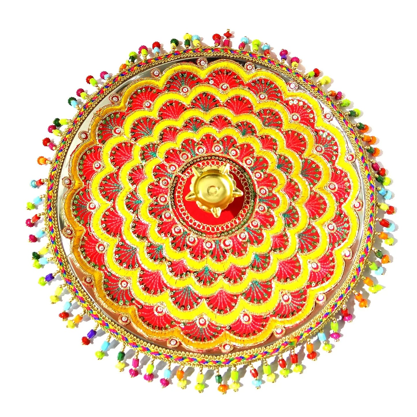 Colorful circular rangoli design with a central star, surrounded by smaller floral patterns on a white background.
