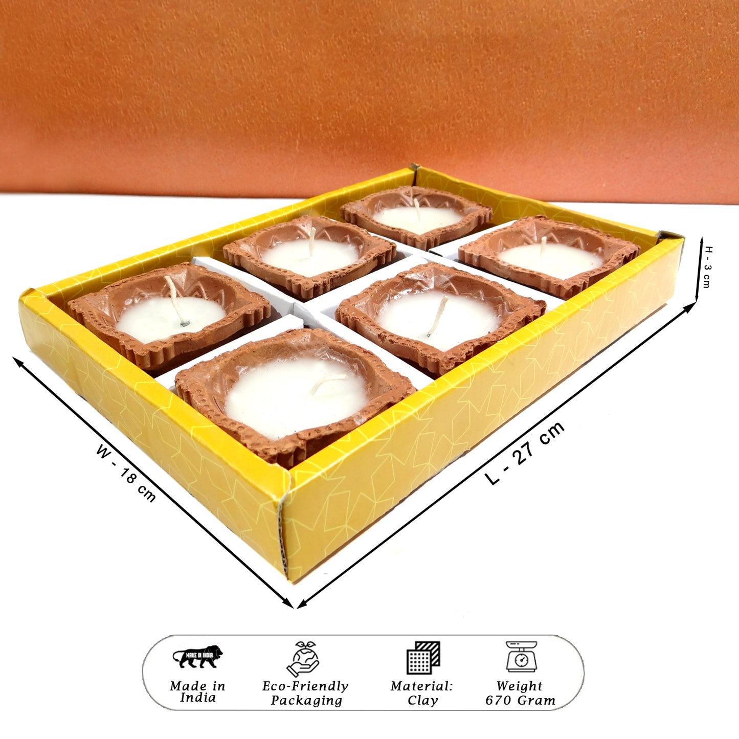 Set of six small candles in a yellow box with dimensions and product details.