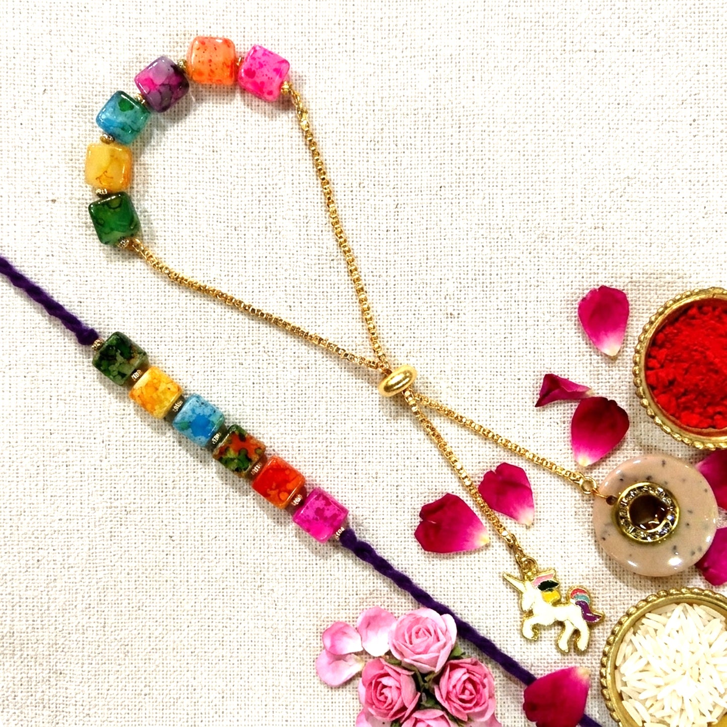 Rainbow Beads Designer Bhaiya-Bhabhi Lumba Rakhi Set with Unicorn Charm & Adjustable Bracelet Style (Puple) By Upharkaro