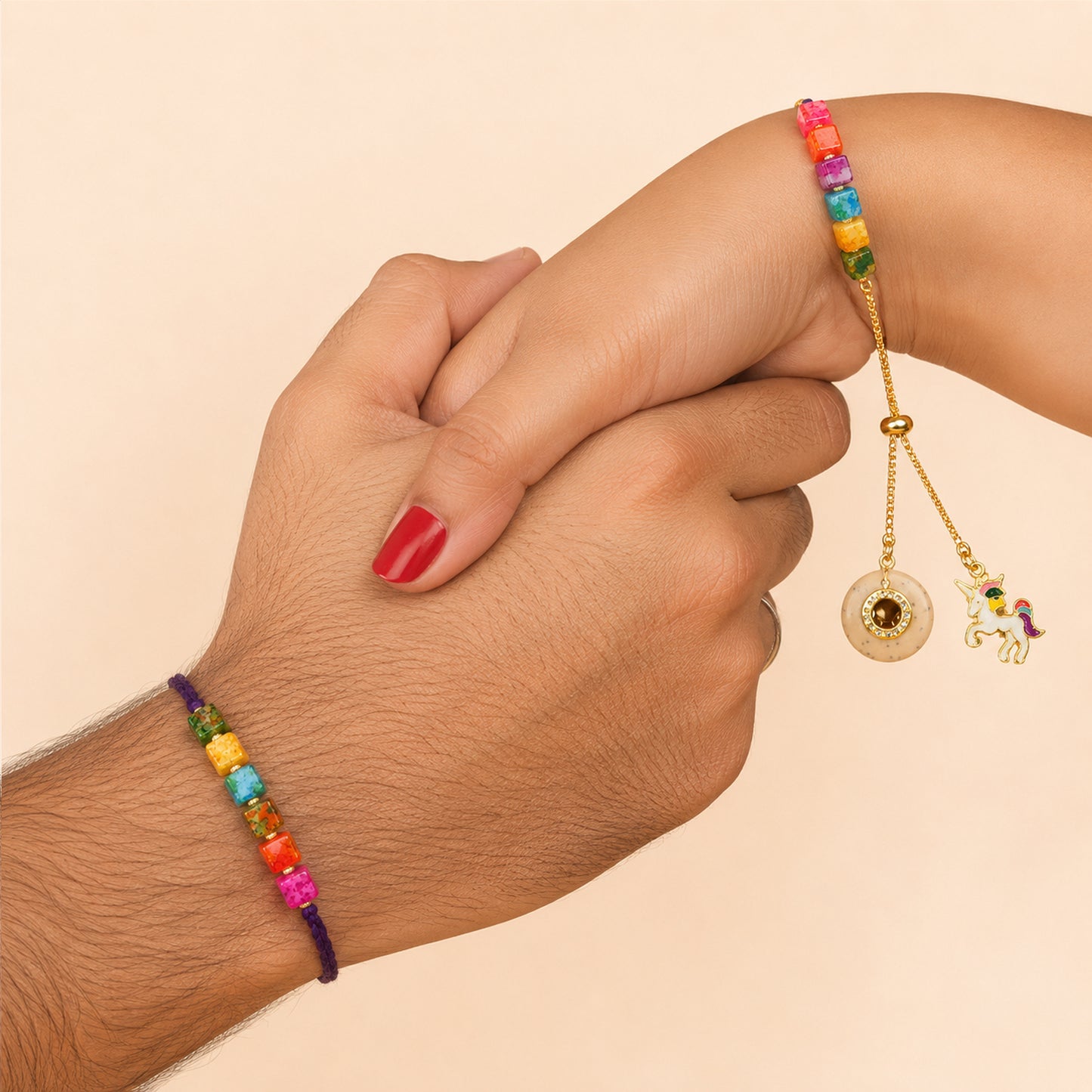 Rainbow Beads Designer Bhaiya-Bhabhi Lumba Rakhi Set with Unicorn Charm & Adjustable Bracelet Style (Puple) By Upharkaro