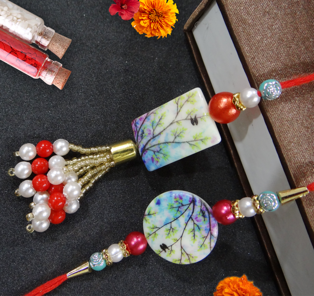 Designer Artistic Bhaiya Bhabhi Rakhi Set with Printed Stone & Beaded Lumba | Raksha Bandhan Special