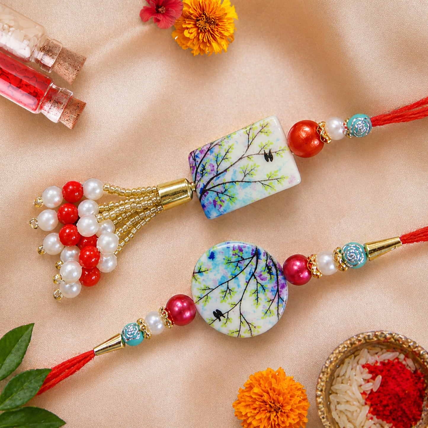 Designer Artistic Bhaiya Bhabhi Rakhi Set with Printed Stone & Beaded Lumba | Raksha Bandhan Special