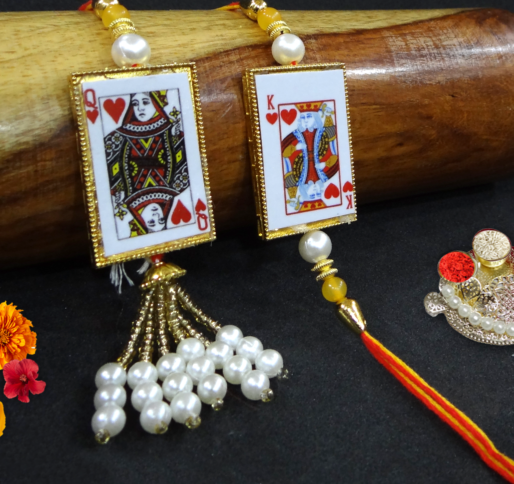 Elegant Badshah Queen Playing Card Bhaiya Bhabhi Lumba Rakhi Set with Pearl Tassels By Upharkaro