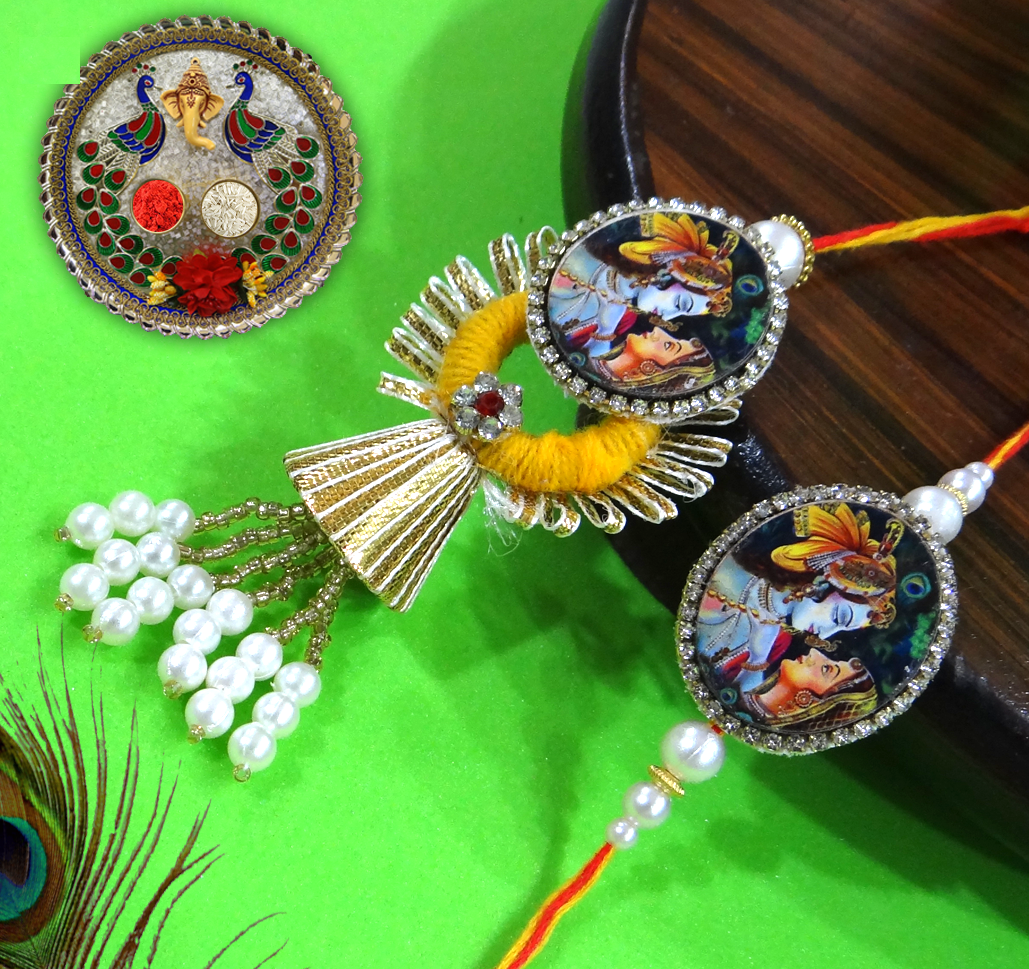 Divine Radha Krishna Bhaiya Bhabhi Lumba Rakhi Set with Pearl Tassels & Designer Couple Rakhi By Upharkaro