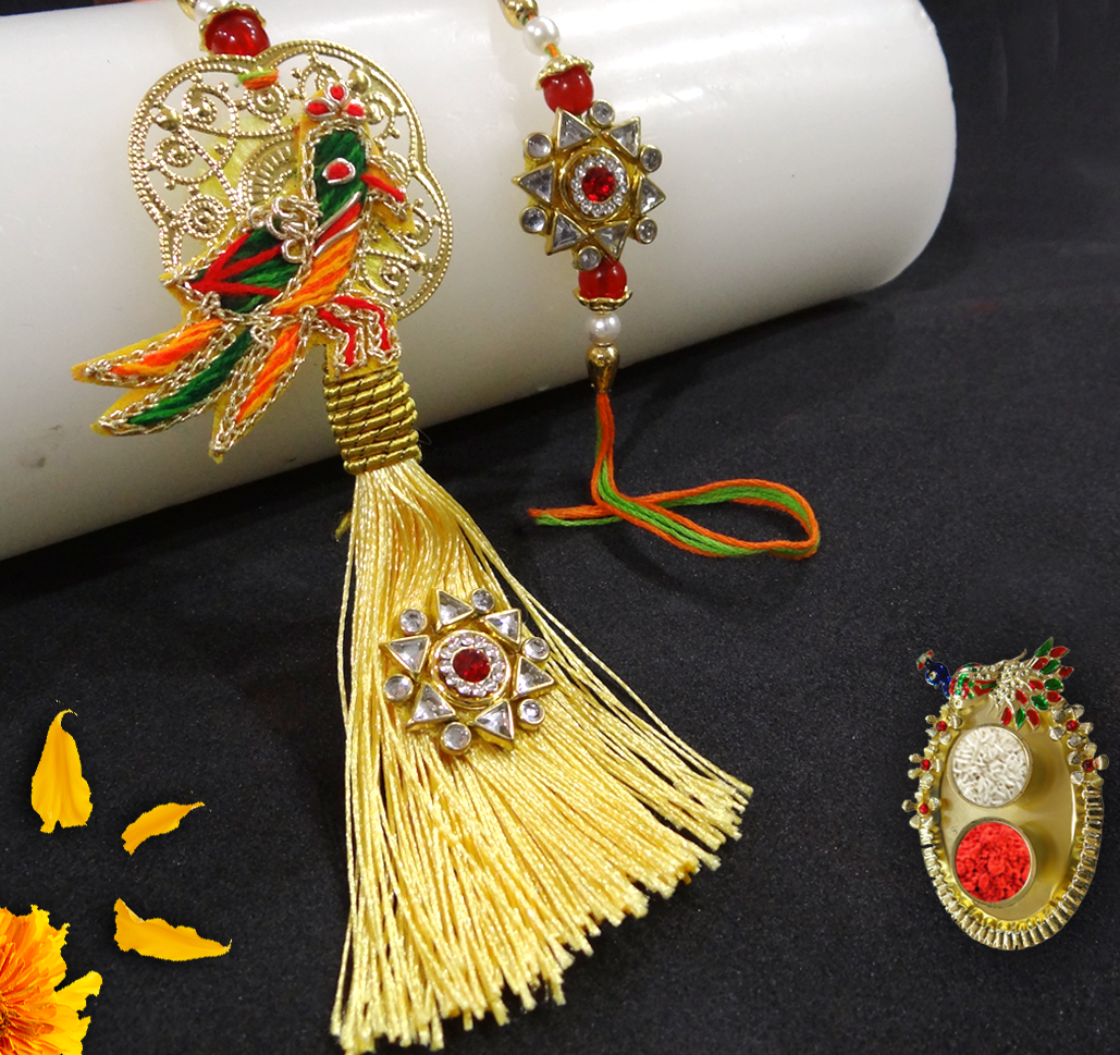 Royal Parrot Designer Bhaiya Bhabhi Lumba Rakhi Set with Golden Tassel Festive Gift for Rakhi By Upharkaro