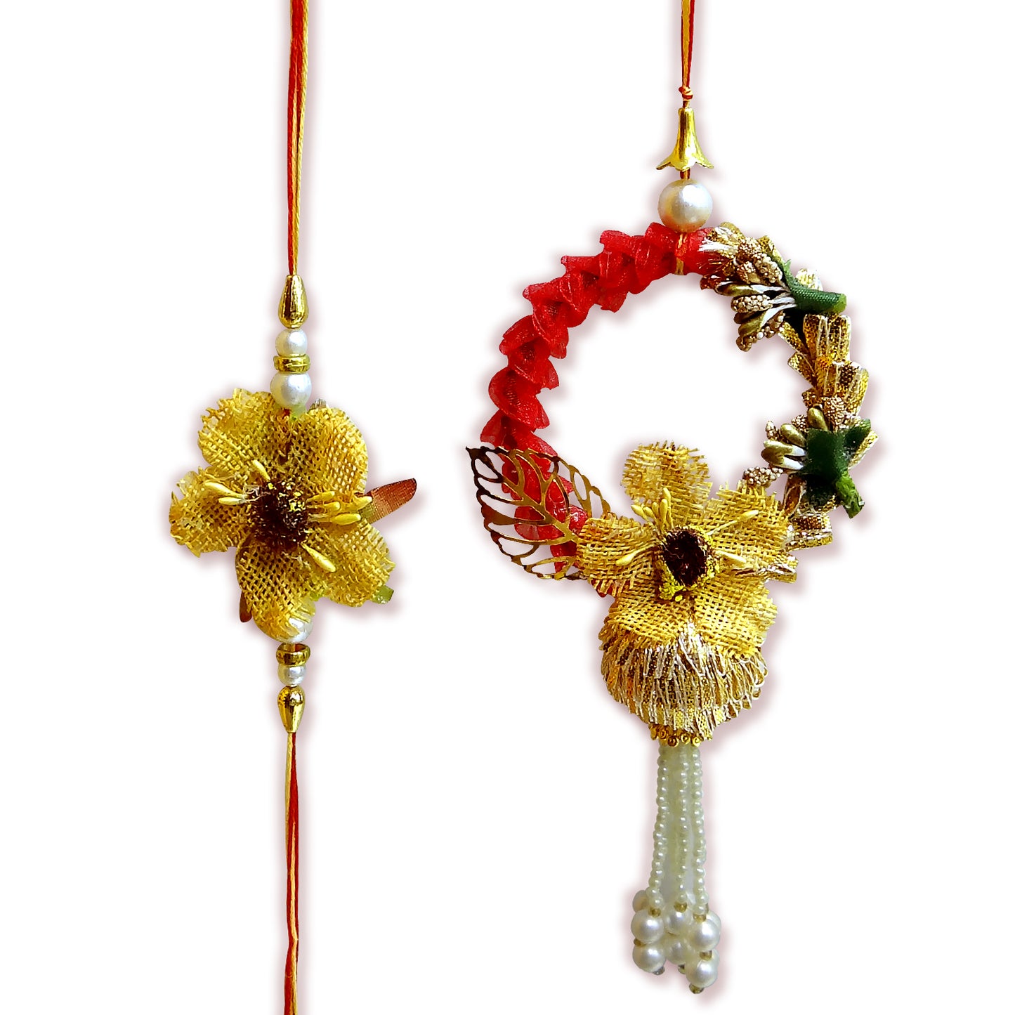 Elegant Floral Bhaiya Bhabhi Lumba Rakhi Set with Pearl Tassels & Golden Leaf Design Description and Bullet Point By Upharkaro