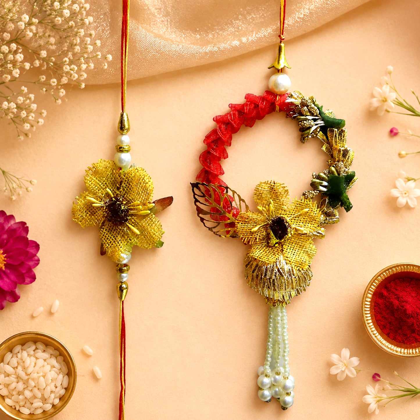 Elegant Floral Bhaiya Bhabhi Lumba Rakhi Set with Pearl Tassels & Golden Leaf Design Description and Bullet Point By Upharkaro
