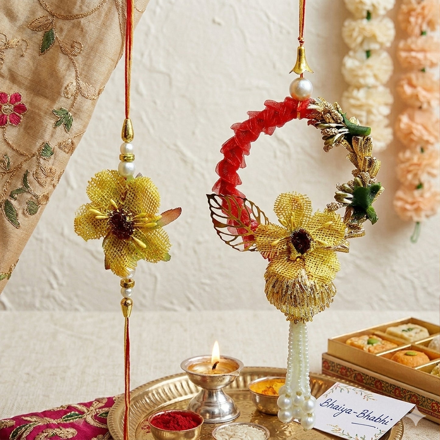 Elegant Floral Bhaiya Bhabhi Lumba Rakhi Set with Pearl Tassels & Golden Leaf Design Description and Bullet Point By Upharkaro