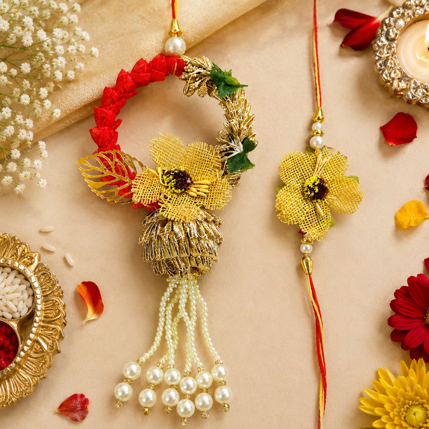 Elegant Floral Bhaiya Bhabhi Lumba Rakhi Set with Pearl Tassels & Golden Leaf Design Description and Bullet Point By Upharkaro